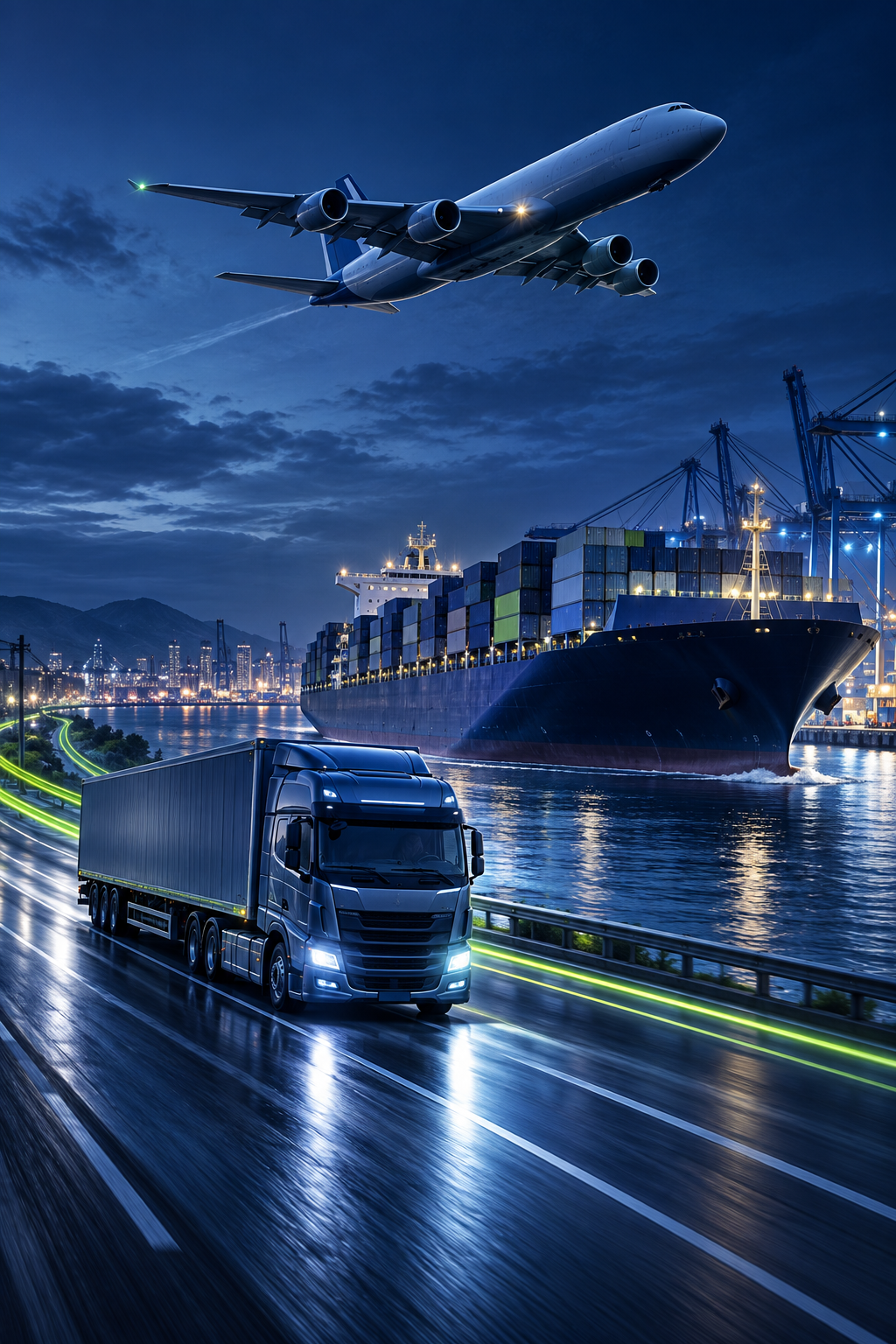 Statek kontenerowy, ciężarówka i samolot cargo w nocnej scenie logistycznej